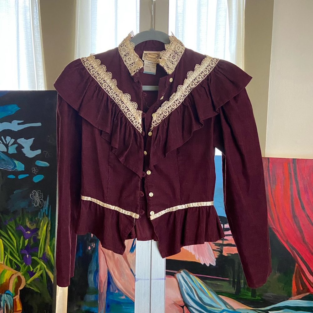 Gunne Sax Burgundy Button Down Shirt with Lace Trim
